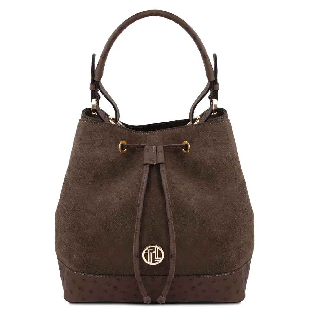 Ostrea Suede and ostrich-effect printed leather bucket bag