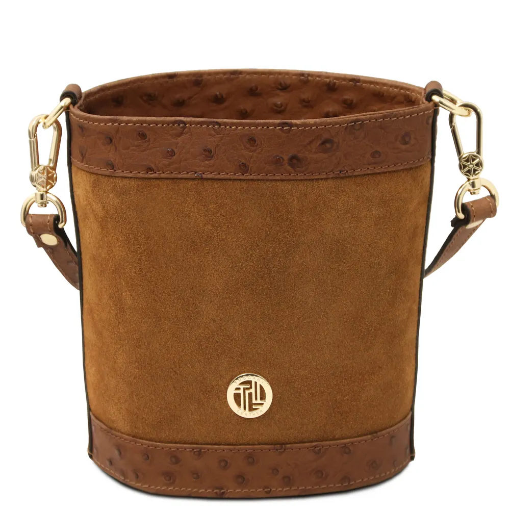 Ostrea Suede and ostrich-effect printed leather bucket bag