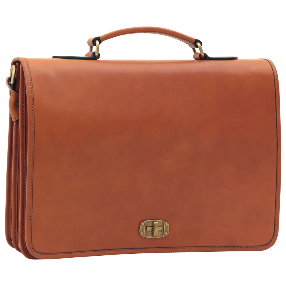 Cowhide Leather Full length Flap Briefcase - Brown Colonial