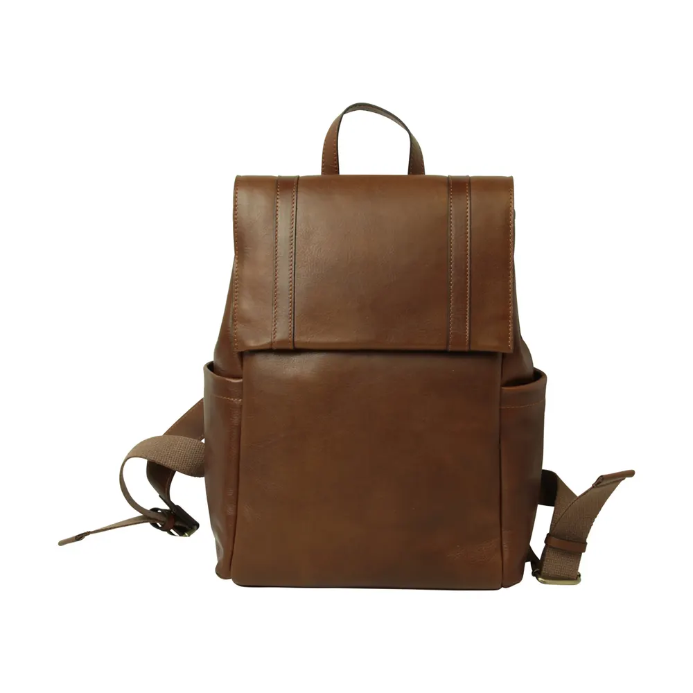 Leather Laptop Backpack with Trolley Strap - Chestnut