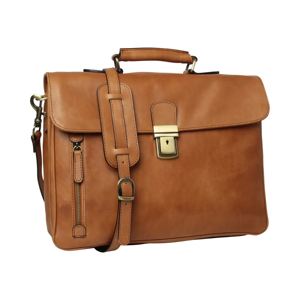 Full grain leather briefcase with schoulder strap - Colonial Brown