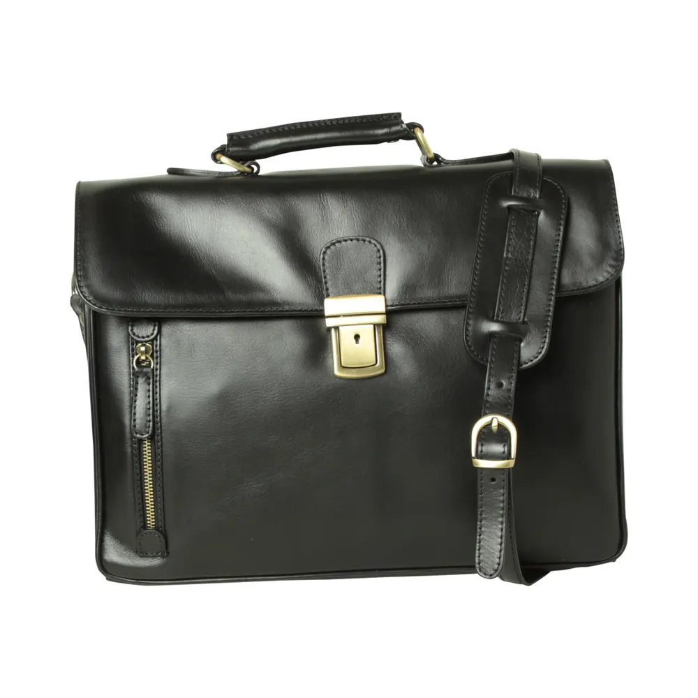 Full grain leather briefcase with schoulder strap - Black