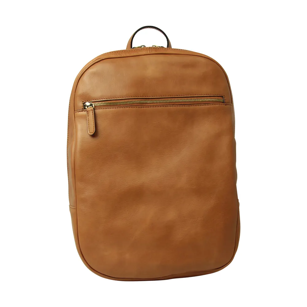 Leather backpack with exterior zip pockets - Brown Colonial